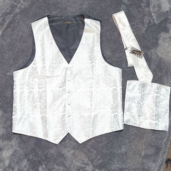 New Men's white paisley tuxedo vest size & neck tie, pocket square L - Picture 3 of 8